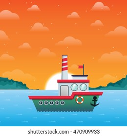 Sunset seascape with ship. Vector illustration