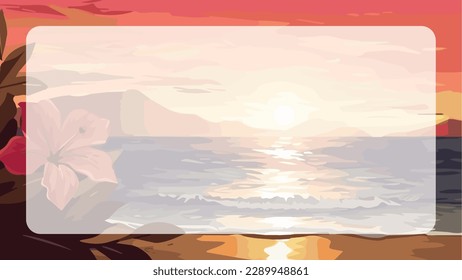 Sunset seaside background with blooming hibiscus.