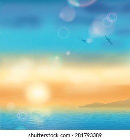  Sunset seaside marine landscape. Sea vector background