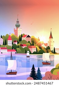 Sunset seaside town with sailing ships colorful landscape with houses trees hills and water reflection scenic view travel concept background