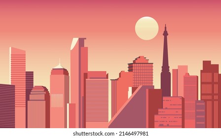 The sunset seen among the buildings in the city of the future