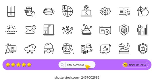Sunset, Seo targeting and Like line icons for web app. Pack of Video conference, Search, Organic tested pictogram icons. Snow weather, Pyramid chart, New message signs. Cupboard, Shield. Vector