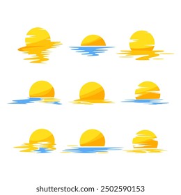Sonnenuntergang Cartoon. Landschaft blau, orangefarbenes Meer, Sonne Sommer Sonnenuntergang Zeichen. einzelne Symbol, Vektorgrafik