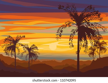 Sunset. Setting sun over the desert. File Illustrator 10
