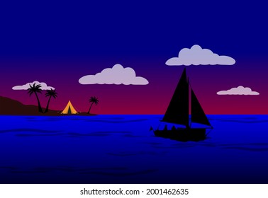 A sunset. A ship in a deserted sea. Two people on board. Calm beach and sea. Big and small free clouds. A tent under the palm trees. A vector image created with silhouettes.