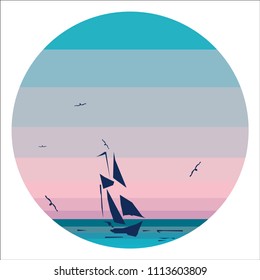 Sunset. A ship with gulls at sea. Seascape