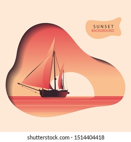sunset ship silhouette paper cut background