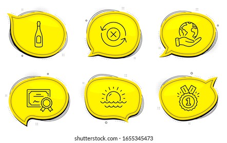 Sunset sign. Diploma certificate, save planet chat bubbles. Champagne, Approved and Reject refresh line icons set. Celebration drink, Winner badge, Update rejection. Sunny weather. Vector