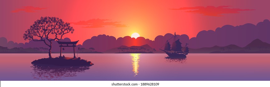 Sunset with the silhouette of the Chinese arch. Realistic vector illustration background. Panoramic wallpaper with sunset view.