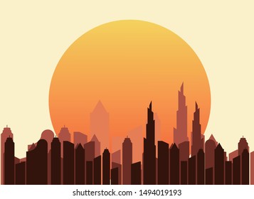 sunset with silhouette cityscape view,vector, illustration 