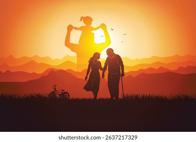 Sunset silhouette of a father walking with his aging parent, reflecting memories of his own childhood with dad. A story of love through generations.