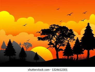 sunset silhouette in the forest