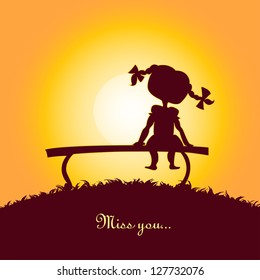 Sunset silhouette of a lonely girl. Design for card