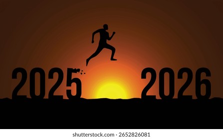 Silhueta do sol do homem saltando de 2025 a 2026 para o conceito de Ano Novo motivacional e visuais de sucesso