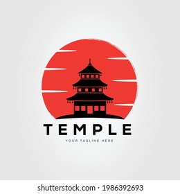 sunset silhouette pagoda temple logo vector illustration design