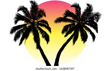 Sunset and silhouette of palm trees, vector art illustration.