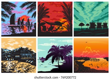 Sunset silhouette set vector sunrise Hawaii palms tree wave and sun tropical card summer sea vacation concept illustration