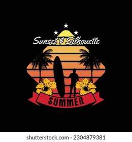 sunset and silhouette, summer, text with the surfer silhouette vector illustration. For t-shirt print and other uses.