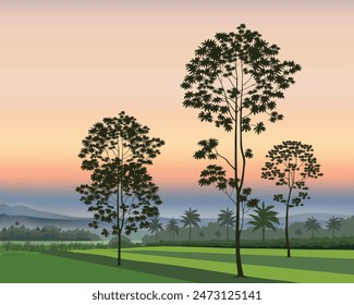 Sunset silhouette three with orange and grey sky. Vector style for background design.