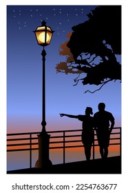 sunset silhouette vector. a husband and wife enjoying the beautiful sunset at the end of the lake, standing on a fenced bridge, street lights, shady trees.
