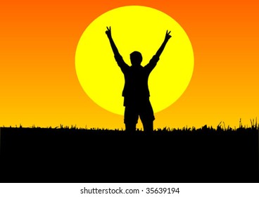 Sunset with silhouette - vector illustration