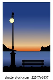 sunset silhouette vector. the view at the end of the lake, empty seats, street lights.