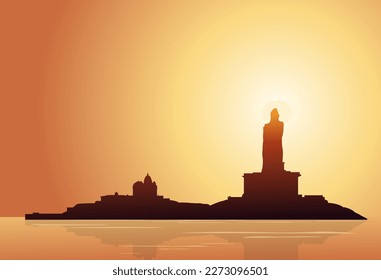 Silhouette al atardecer del monumento de rock de Vivekananda y estatua de Thiruvalluvar - Kanyakumari Tamilnadu India - Ilustración de acciones como archivo EPS 10