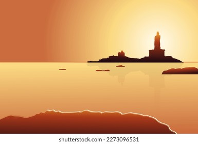 Sunset Silhouette of Vivekananda Rock Memorial and Thiruvalluvar Statue - Kanyakumari Tamilnadu India - Stock Illustration as EPS 10 File