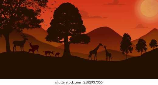 Sunset silhouette with wild animals, giraffe, deer and iconic trees. Suitable for nature, adventure or sunset themed designs (not AI generated)