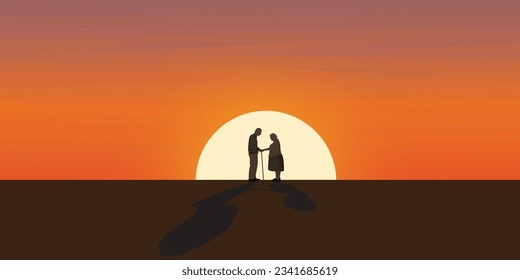 Atardecer con silueta de pareja de adultos mayores juntos ilustración vectorial tienen espacio en blanco para cualquier publicidad de la redacción.