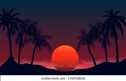 Sunset silhouettes of palm trees at night. Tropical beach on background red black setting sun beautiful paradise coast resort romantic lagoon with exotic vector evening.