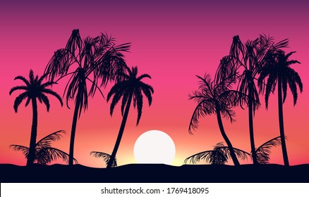 Sunset and silhouettes of palm trees. Tropical beach on background pink setting sun beautiful paradise coast resort romantic lagoon with exotic vector evening.