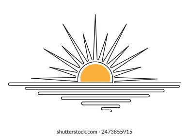 Sunset single line art, continuous one line drawing of  Isolated outline vector art