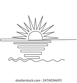 Sunset single line art, continuous one line drawing of  Isolated outline vector art