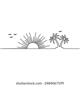 Sunset single line art, continuous one line drawing of  Isolated outline vector art