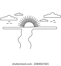 Sunset single line art, continuous one line drawing of  Isolated outline vector art
