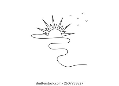 Sunset single line art continuous one line drawing of Isolated outline Vector icon