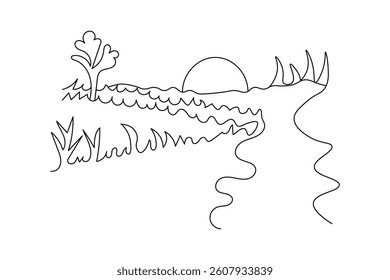 Sunset single line art continuous one line drawing of Isolated outline Vector icon