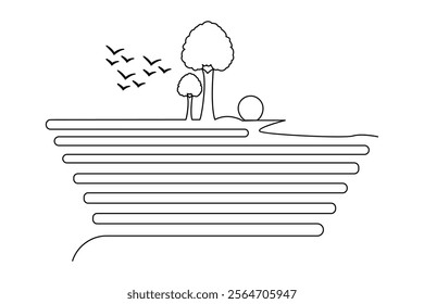 Sunset single-line art beautifully captures the serene transition of day to night with a simple yet elegant flow of continuous lines.