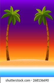 sunset sky background with beach sea coconut trees ,colorful poster  summer tropical on the beach