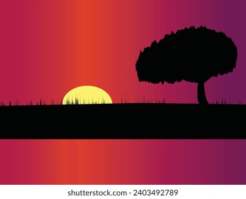 sunset sky background landscape with side of tree illustration, vector design of landscape