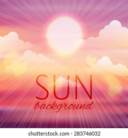 sunset sky background with sun,  clouds and bokeh