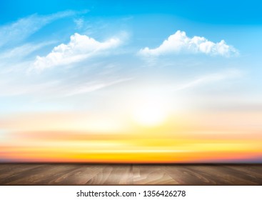 Sunset sky background with transparent clouds and wooden floor. Vector illustration