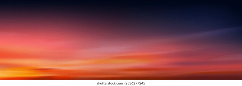 Fondo del cielo de la puesta del sol, otoño claro amanecer en púrpura, azul, naranja, amarillo por la playa, Naturaleza de invierno fantasía rosa crepúsculo cielo y nube blanca en la noche, dibujos animados de Vector para la primavera, Anuncio de verano 