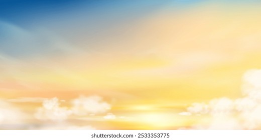 Fondo del cielo de la puesta del sol, salida del sol anaranjada del otoño y sol sobre la playa del mar, Vector Hermosa Naturaleza de invierno Hora dorada en amarillo, rosa, cielo azul antes de la puesta del sol en verano, paisaje de primavera de dibujos animados con luz solar