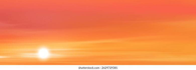 Pôr do sol Fundo do céu, outono Laranja Nascer do sol e sol sobre praia do mar, Vetor Bela Natureza de inverno Hora de ouro em amarelo, rosa, Céu azul antes do sol no verão, Desenhos animados Paisagem de primavera com luz solar 