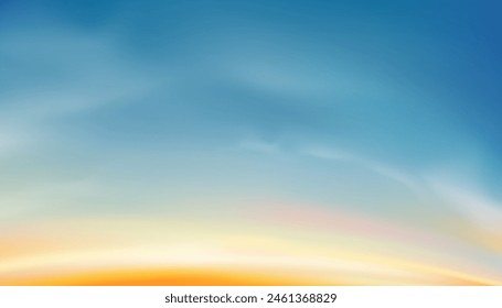 Fondo del cielo del atardecer, amanecer de la mañana con el amarillo, cielo azul, paisaje de la Naturaleza del verano hora dorada dramática con el cielo crepuscular en la tarde después del amanecer del sol, luz solar del horizonte del Vector Anuncio para la primavera, invierno