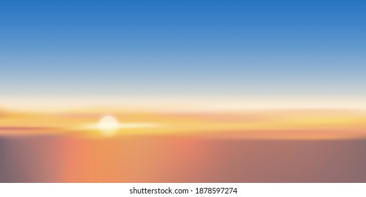 Sunset Sky Background,Sunrise with Cloud with Blue,Orange,Yellow Color in Morning,Vector Horizon dramatic twilight dusk sky after sun dawn in Summer Evening,Beautiful nature landscape by sea beach