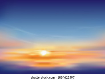 Cielo atardecer por la noche con color naranja, amarillo y morado, paisaje dramático de crepúsculo con cielo azul oscuro,Pancarta de horizonte de malla vectorial de la salida del sol para primavera o verano