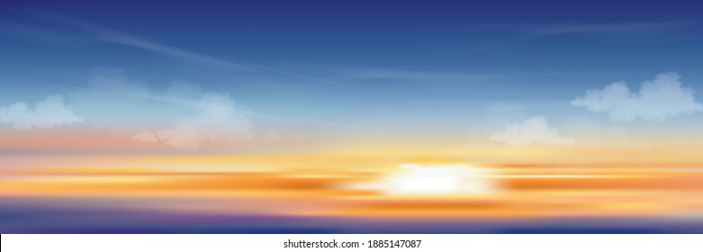 Sunset Sky Background,Sunrise with Cloud with Blue,Orange,Yellow Color in Morning,Vector Horizon dramatic twilight dusk sky after sun dawn in Summer Evening,Beautiful nature landscape by sea beach
